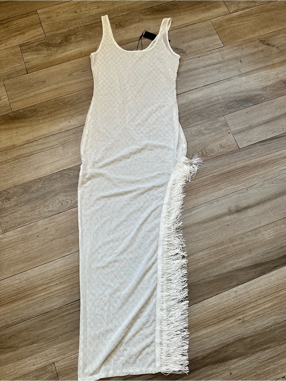 White rhinestone Fringe Side Maxi Tank Dress